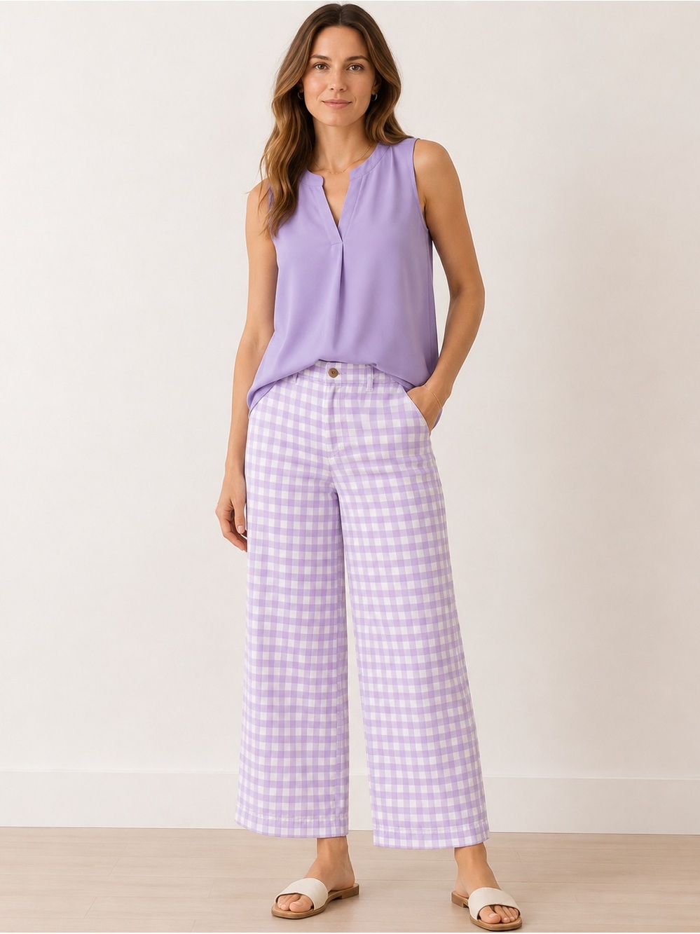 Lilac Gingham Cropped Pants Size 14P Lightweight Summer Casual